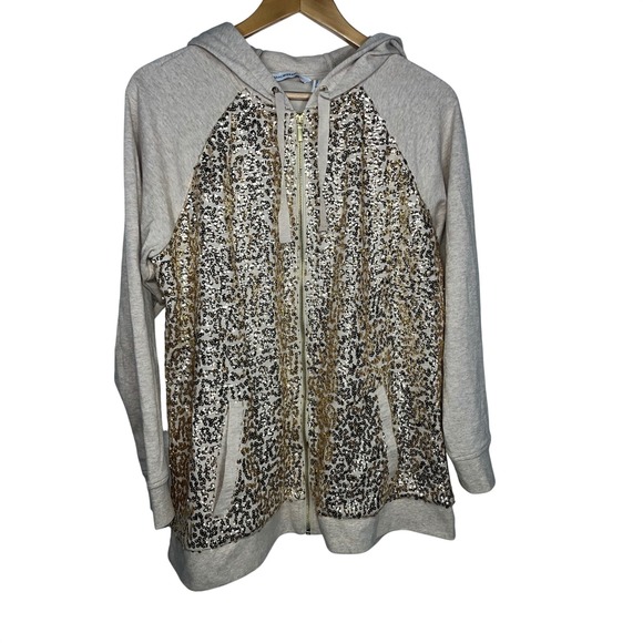 Isaac Mizrahi Live! Tops - Isaac Mizrahi Live QVC Gold Sequin Zip Hoodie Large Oatmeal Raglan Sparkle Luxe